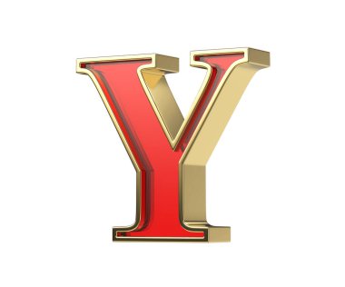 Kırmızı cam harf Y, parlak altın çerçeveli, beyaz arka planda izole edilmiş.