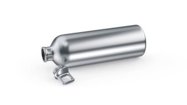 Beyaz arka planda gümüş metal su şişesi