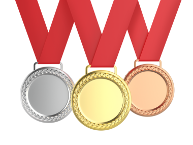 Saydam arka plan üzerine altın, gümüş ve bronz madalya