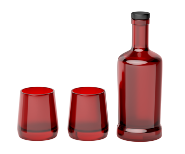 Kırmızı cam şişe ve iki bardak.