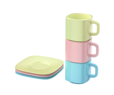 Şeffaf arka planda seramik kahve fincanları ve çay tabakları