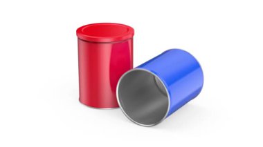 Beyaz arka planda kırmızı ve mavi metal kutular