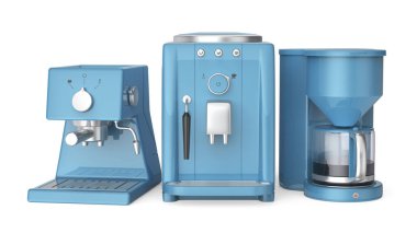 Mavi espresso ve filtre kahve makineleri beyaz arka planda