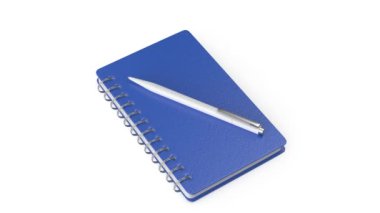 Beyaz arkaplanda mavi spiral defter ve kalem