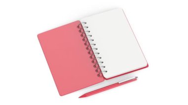 Beyaz arkaplanda boş kırmızı spiral defter ve kalem