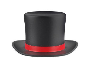 Beyaz arka planda kırmızı kurdeleli siyah şapka.