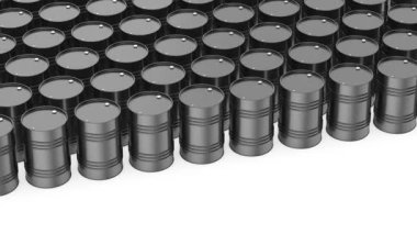 Beyaz zemin üzerinde siyah yağ varilleri olan birçok satır