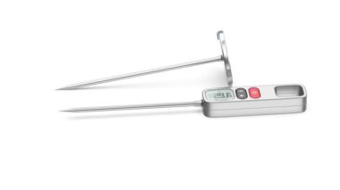 Beyaz zemin üzerinde dijital ve analog gıda termometreleri