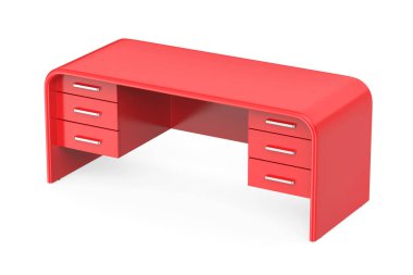 Beyaz arka planda çekmeceleri olan modern kırmızı ofis masası.