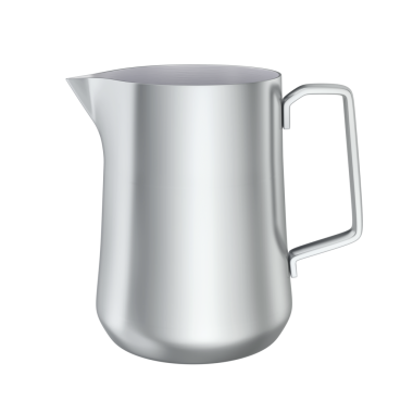 Şeffaf arkaplanda gümüş sütü köpürten sürahinin yan görünümü