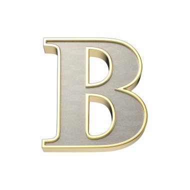 B harfi metalik gümüş kaplama, parlak altın çerçeveli, beyaz arka planda izole edilmiş.