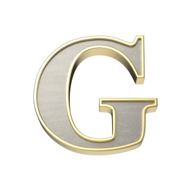 Metalik gümüş kaplamalı G harfi, parlak altın çerçeveli, beyaz arka planda izole edilmiş.