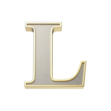 Metalik gümüş kaplamalı L harfi. Parlak altın çerçeveli. Beyaz arka planda izole edilmiş.
