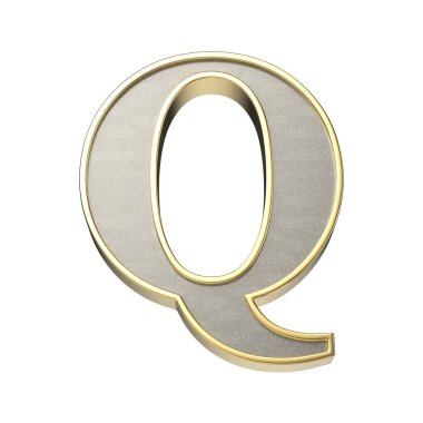 Q harfi metalik gümüş kaplama, parlak altın çerçeveli, beyaz bir arka planda izole edilmiş.