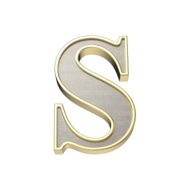 Metalik gümüş kaplamalı S harfi, parlak altın çerçeveli, beyaz arka planda izole edilmiş.
