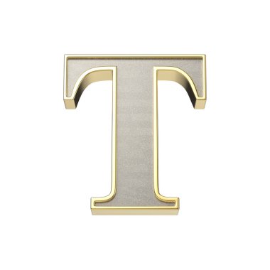 Metalik gümüş kaplamalı T harfi. Parlak altın çerçeveli. Beyaz arka planda izole edilmiş.