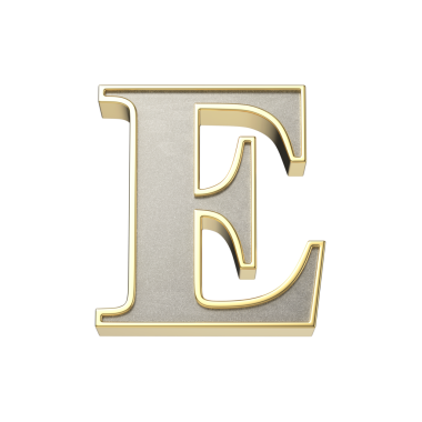 E harfi metalik gümüş kaplama, parlak altın çerçeveli, şeffaf bir arkaplanda izole edilmiş.