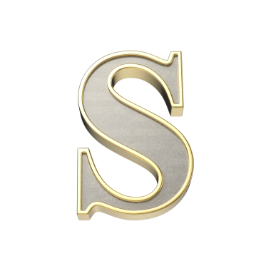 S harfi metalik gümüş kaplama, parlak altın çerçeveli, şeffaf bir arkaplanda izole edilmiş.