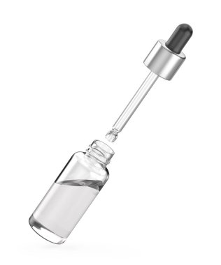 Beyaz arka planda pipetle açılmış cam damlalar şişesi.