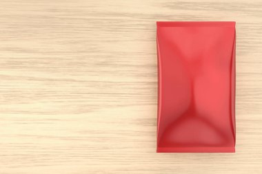 Boş kırmızı folyo paketi. Tahta bir masada yemek paketi, üst manzara.
