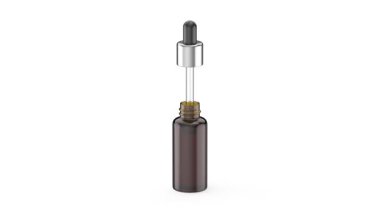 Beyaz arka planda pipeti olan kahverengi cam damlalar.