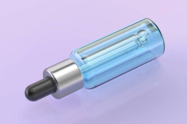 Parlak mor arka planda mavi sıvı bulunan cam damlatıcı şişesi.