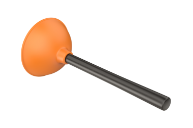 Şeffaf arka planda siyah saplı turuncu tuvalet pompası.