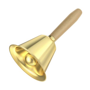 Beyaz arka planda izole edilmiş, ahşap saplı altın bir kapı zili.