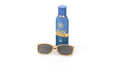 Beyaz arka planda SPF 30 ve kadın güneş gözlüklü güneş kremi