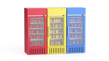 Kutularla dolu üç farklı renkte süpermarket içecek dolabı.