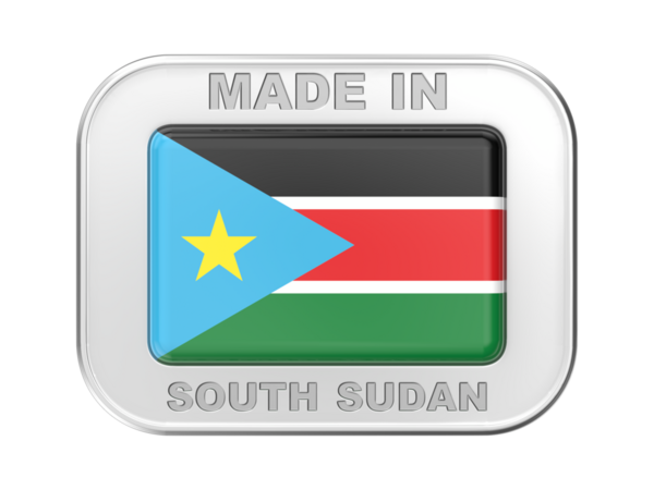 Güney Sudan 'da yapılmış, Güney Sudan bayrağı taşıyan gümüş rozetli.