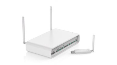 Beyaz arkaplanda kablosuz USB ağ adaptörü ve yönlendirici