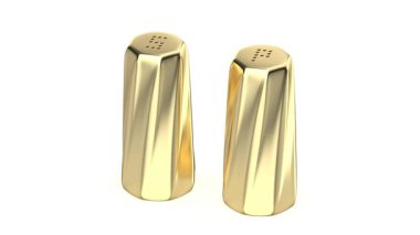 Beyaz arka planda parlak altın tuzluklar ve biberlikler