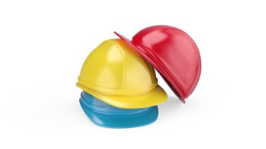 Beyaz zemin üzerine kırmızı, sarı ve mavi güvenlik kask