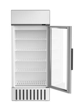 Boş gümüş süpermarket içecek buzdolabı. Açık kapısı var, ön manzaralı.