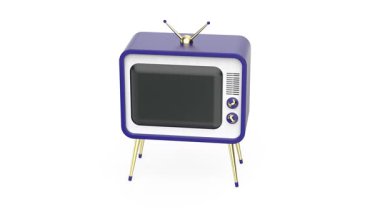 Beyaz arka planda altın bacaklı mavi retro TV