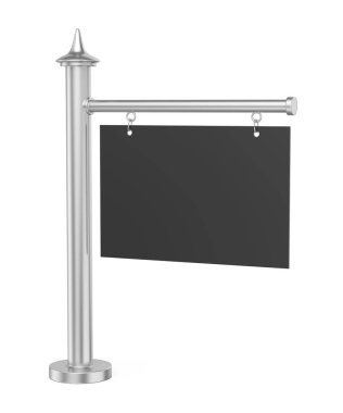 Gümüş metal bir standa asılı boş gri tabela.