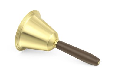 Beyaz arka planda ahşap saplı altın çan.