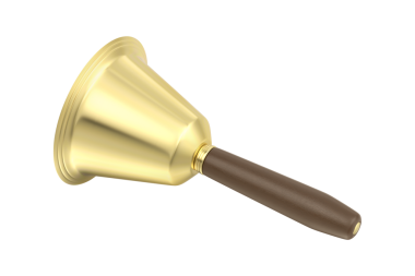 Şeffaf bir arka planda ahşap saplı altın bir çan.