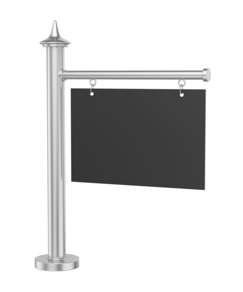 Gümüş metal bir standa asılı boş gri tabela.