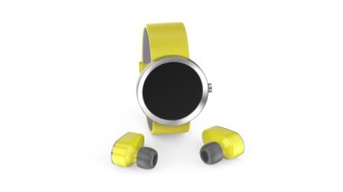 Beyaz arkaplanda sarı kablosuz kulaklıklar ve akıllı seğirmeler