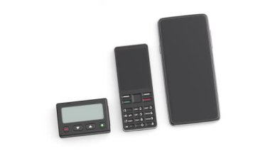 Çağrı cihazı, klasik cep telefonu ve beyaz arka planda modern akıllı telefon.