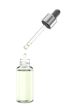 Şeffaf arka planda pipeti olan açık cam damlası şişesi.