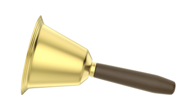 Şeffaf bir arka planda ahşap saplı altın bir el çanının yan görüntüsü