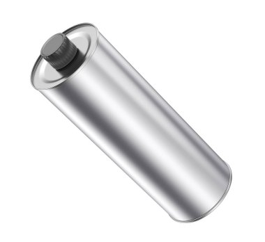 Beyaz arka planda zeytinyağı, motor yağı veya diğer sıvılar için boş gümüş yuvarlak teneke şişe