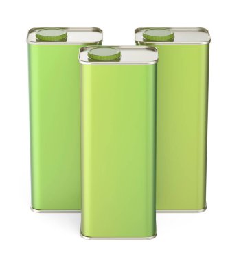 Beyaz zemin üzerinde zeytinyağı, motor yağı veya diğer sıvılar için üç yeşil kare teneke kutu grubu