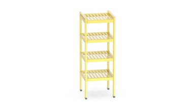 Beyaz arka plandaki banyo için dönen sarı raf ünitesi