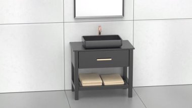 Banyoda gümüş rengi musluk ve ayna olan siyah leğen dolabı.