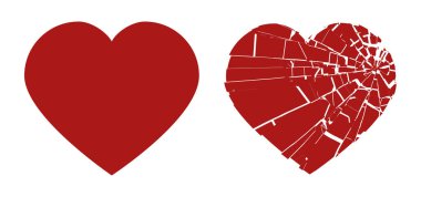 Kırık kalp ve beyaz arka planda kırmızı kalp