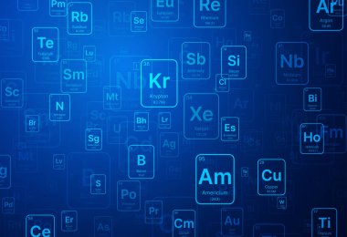 Mavi periyodik tablo elementlerinin vektör çizimi kimya bilimi arka planı